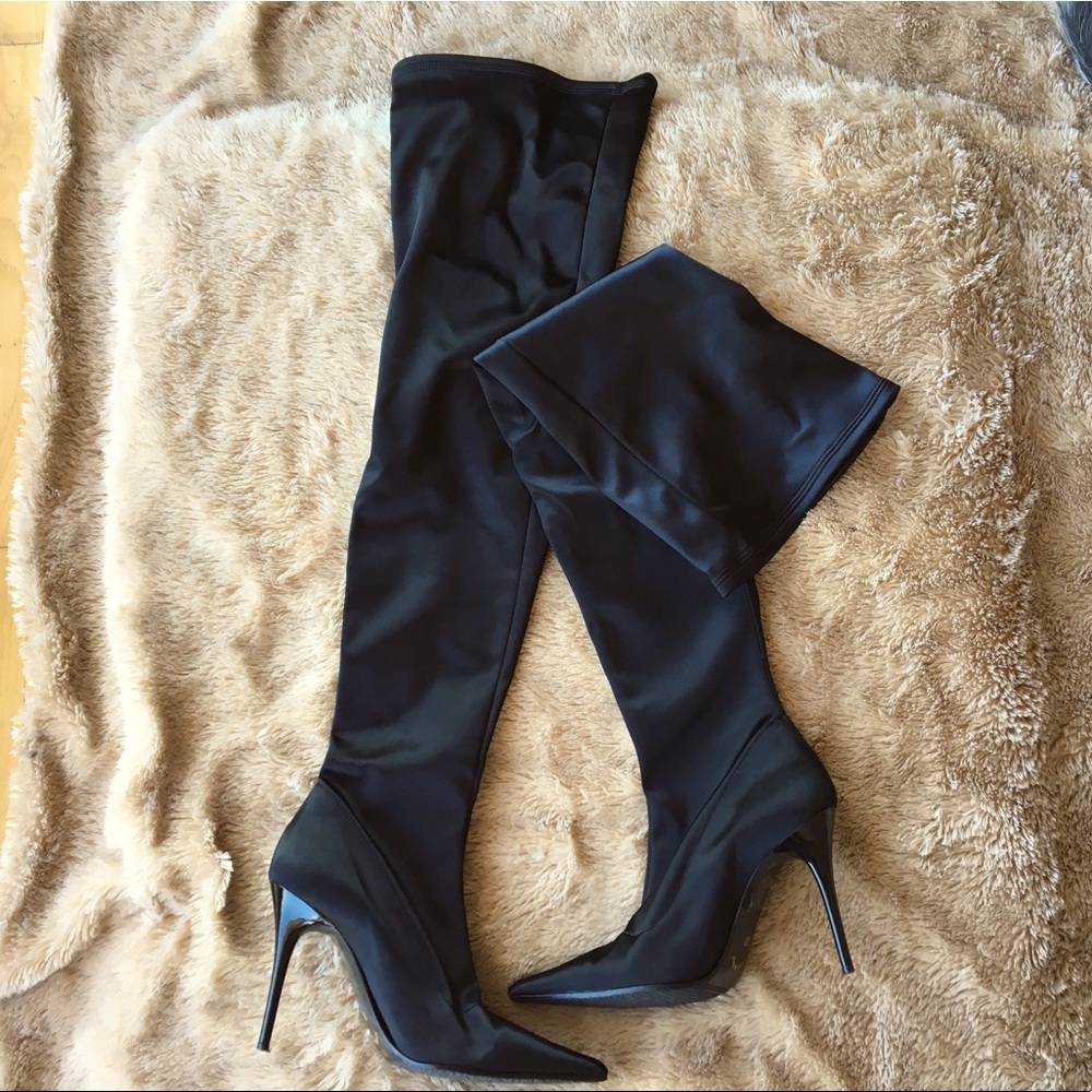 Davos Gomma Black Satin Thigh High Boots 37